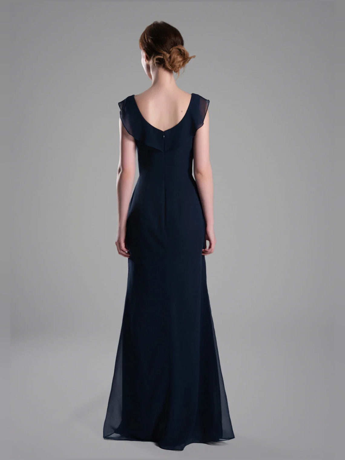 Dark navy chiffon bridesmaid dress, V-back and cap sleeves, A-line floor length
