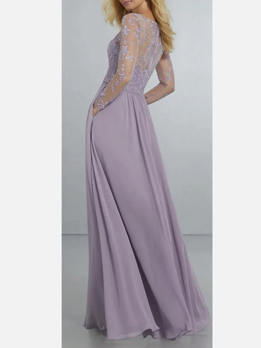 Lilac A-line chiffon bridesmaid dress with lace illusion sleeves and V-neckline, floor length