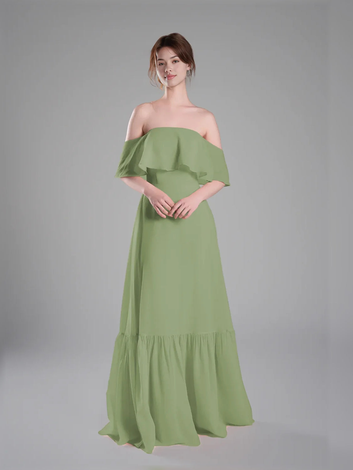 Dusty sage off-shoulder chiffon A-line dress with layered ruffle bodice and tiered hem
