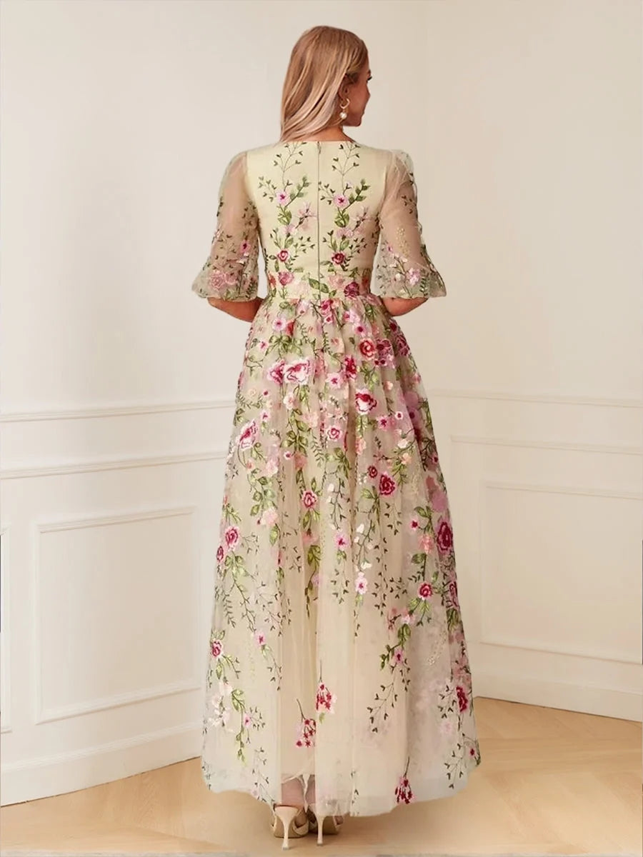 Champagne embroidered floral tulle A-line maxi dress, back view, 3/4 sleeves