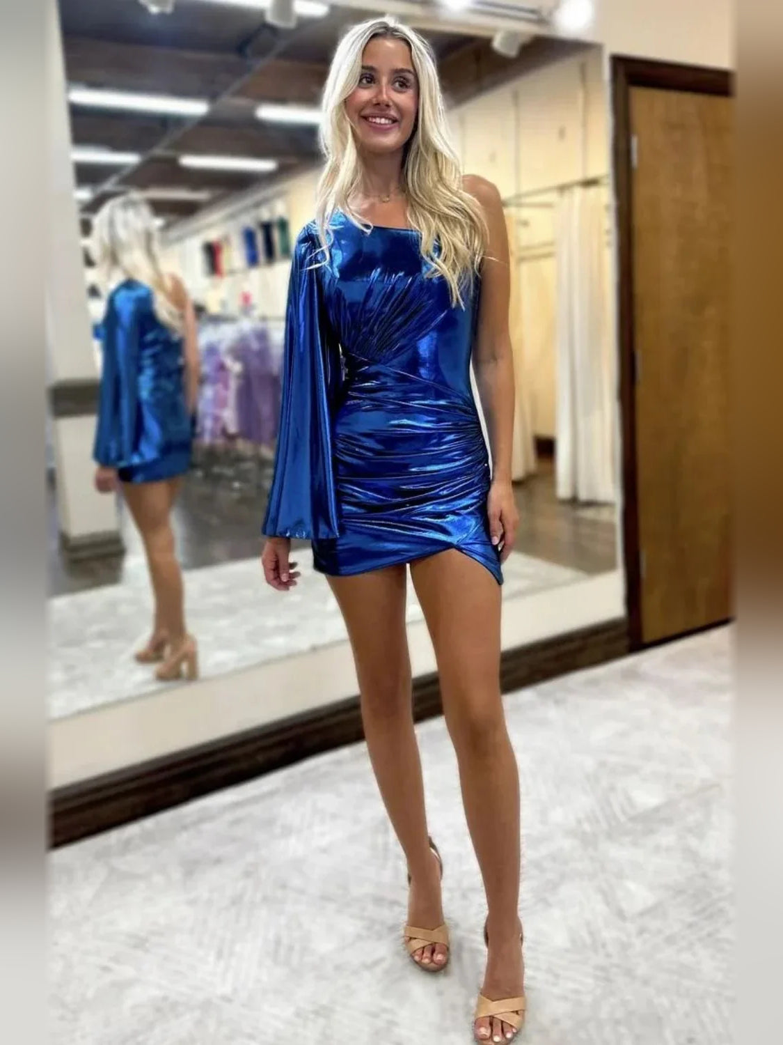 Royal blue one-shoulder ruched bodycon mini dress with draped sleeve, fitted