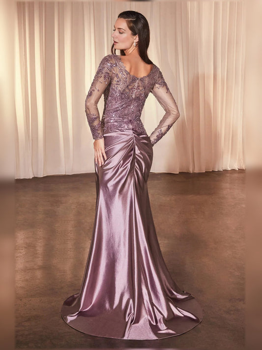 Lilac satin trumpet maxi dress with ruched embroidery, long illusion sleeves, side slit