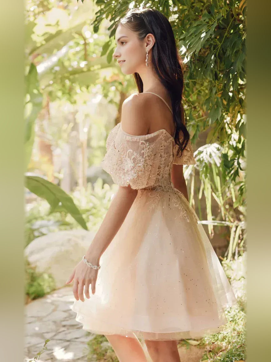 Champagne glitter off-shoulder A-line short homecoming dress, lace bodice and skirt