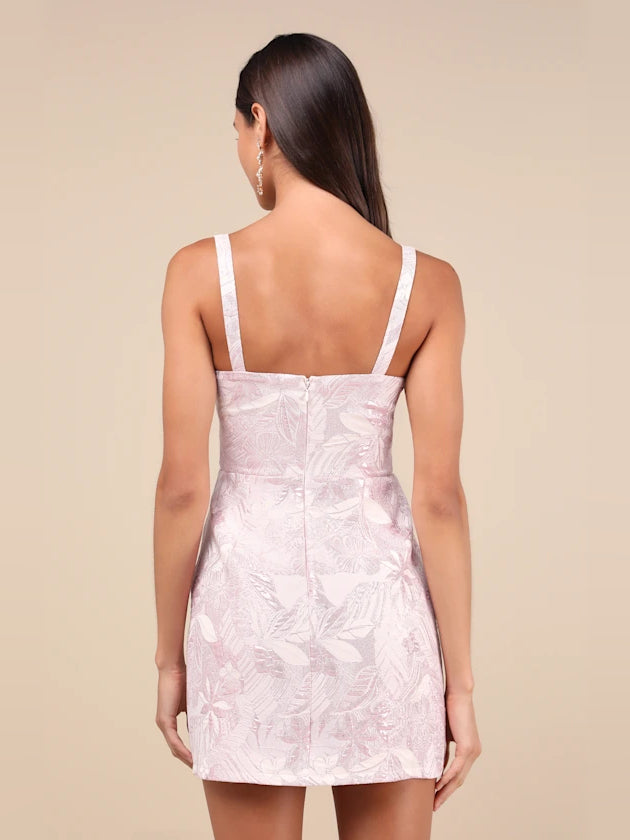 Rose pink floral mini dress back view with spaghetti straps and square neckline