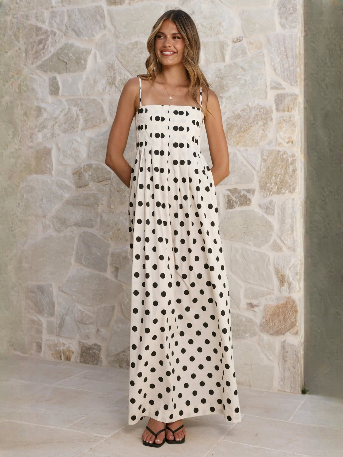 Black a-line maxi formal dress with printed pattern, alternate full-length view