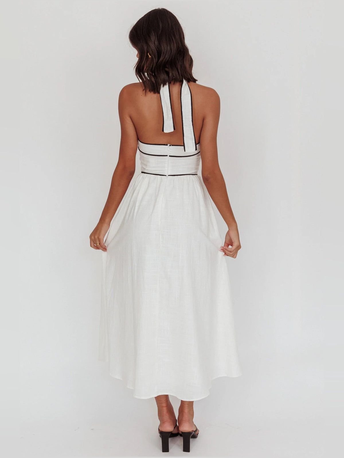White a-line midi formal dress, full-length back view