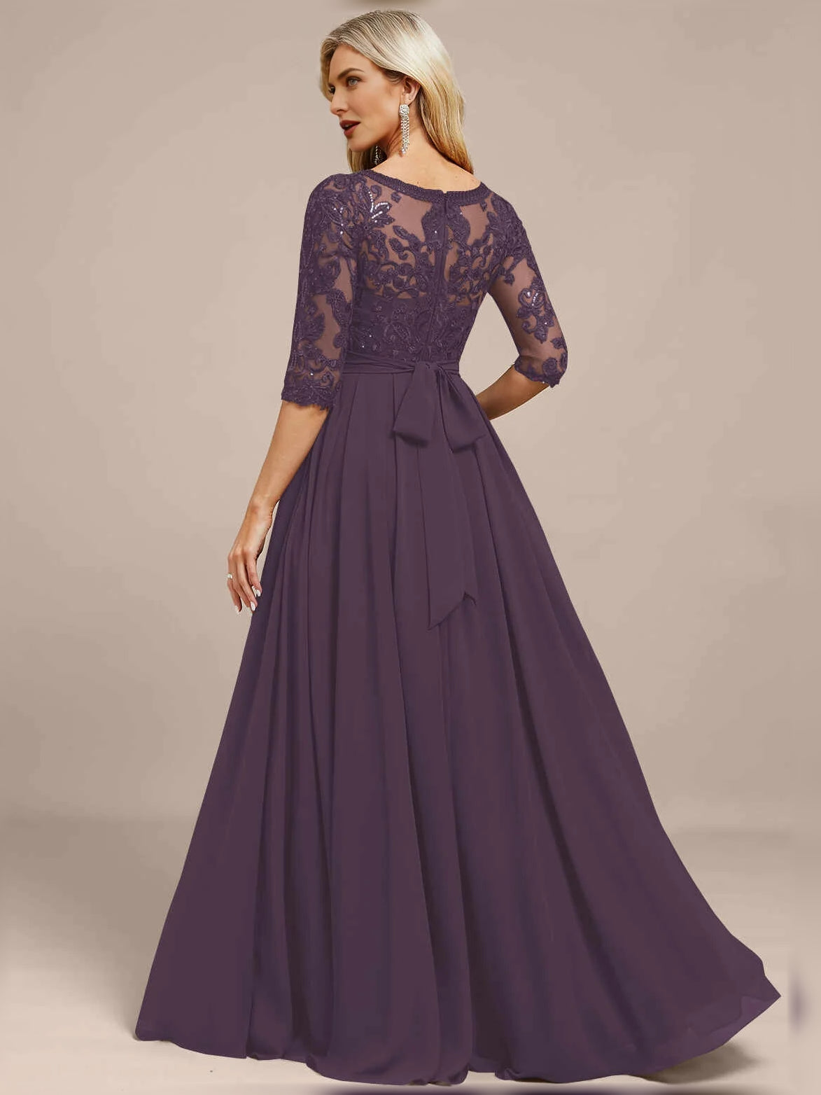 Deep purple A-line chiffon dress with lace top, bow-draped waist, 3/4 sleeves