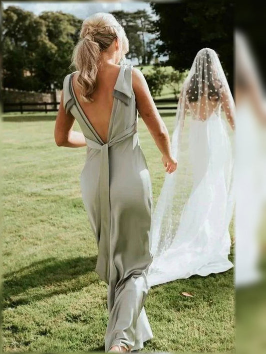 Backless V-neck satin A-line bridesmaid dress in sage, floor-length with long train