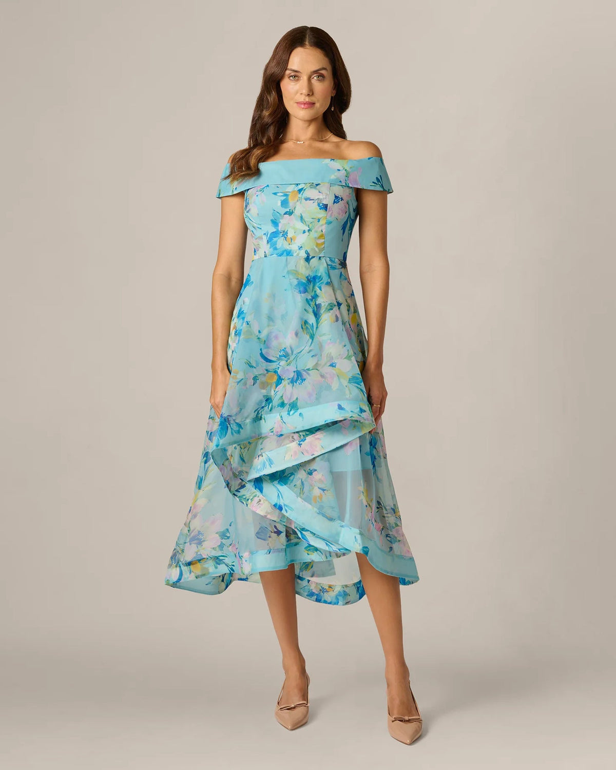 Blue multi floral off-shoulder midi dress with fitted bodice and tiered A-line skirt