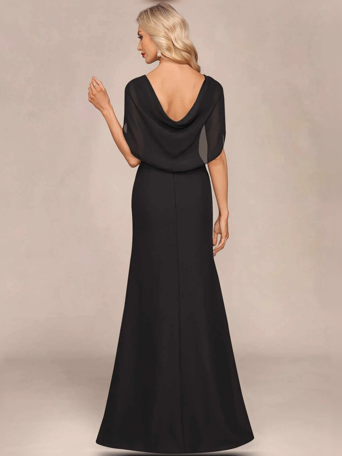 Women's black mermaid maxi dress, V-neck back and draped cowl, with side slit