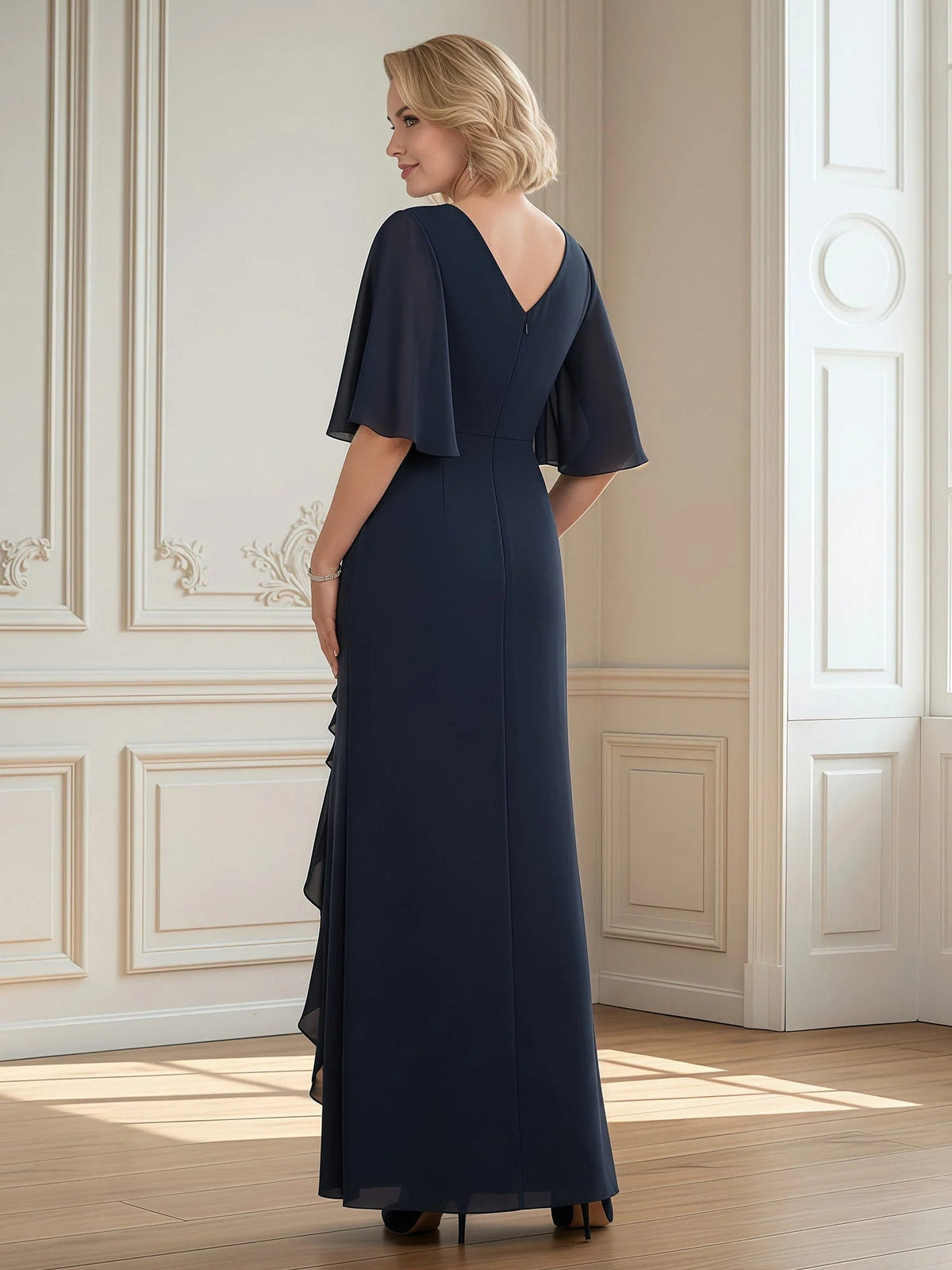 Dark navy V-back chiffon formal dress with flutter sleeves and high side slit