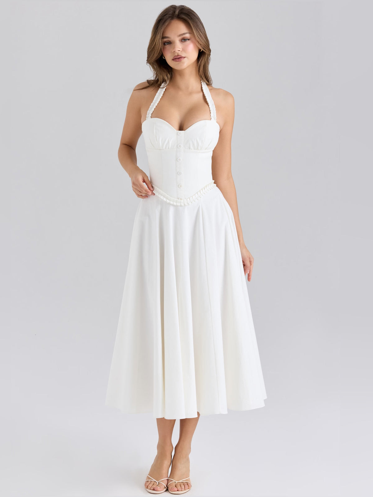 White halter-neck midi formal dress with ruched bust and pleated midi skirt