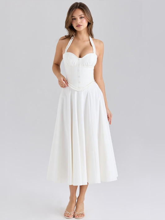 White halter-neck midi formal dress with ruched bust and pleated midi skirt