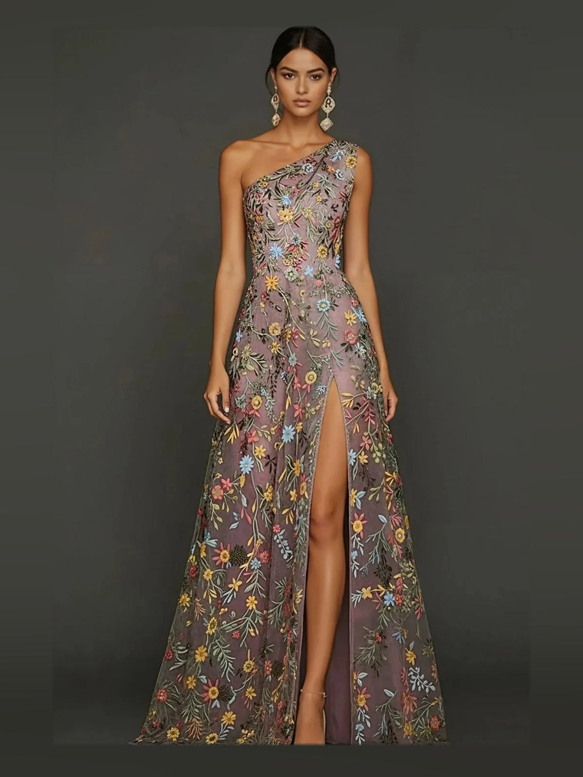 Dark embroidered one-shoulder A-line prom dress with thigh slit and open back