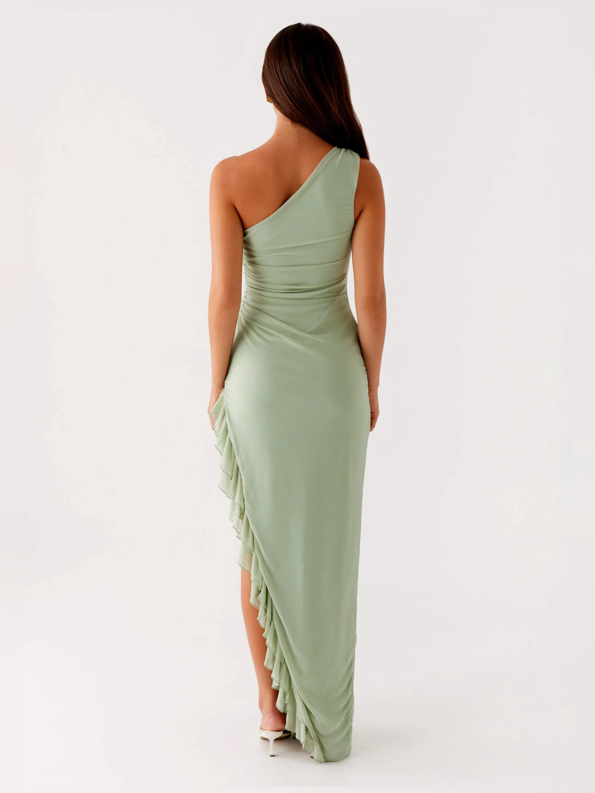 Sage sheath maxi formal dress with ruching, full-length back view