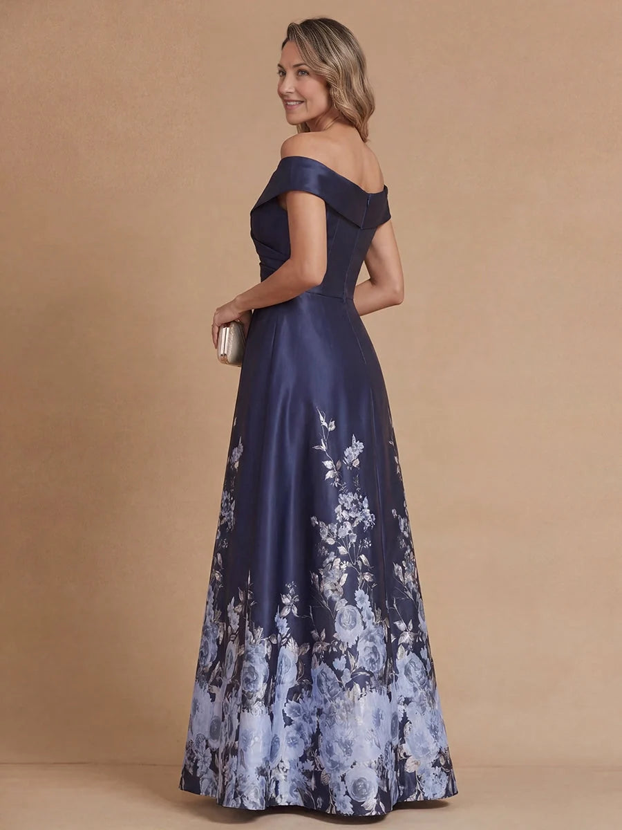 Off-shoulder satin A-line floor-length gown in navy with blue floral print skirt, side view