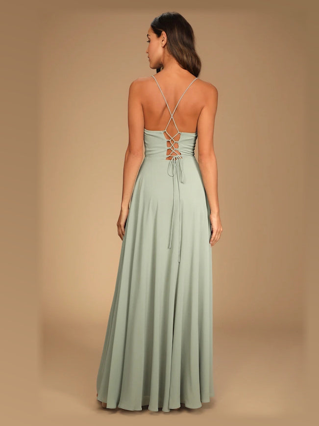 Sage Green maxi formal dress, back full-length view showing the bodice