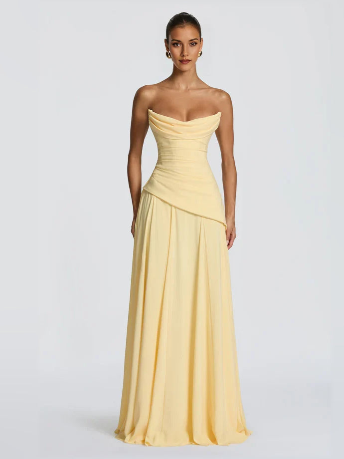 Strapless yellow corset A-line formal dress, pleated floor-length skirt