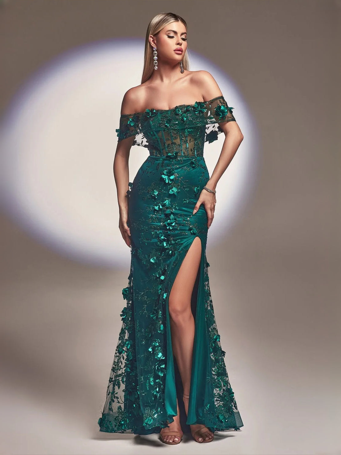 Teal off-shoulder sequin mermaid gown with corset bodice and front slit