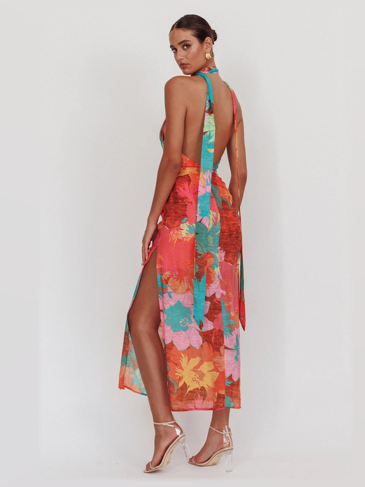 Pink maxi formal dress, back full-length view showing the bodice