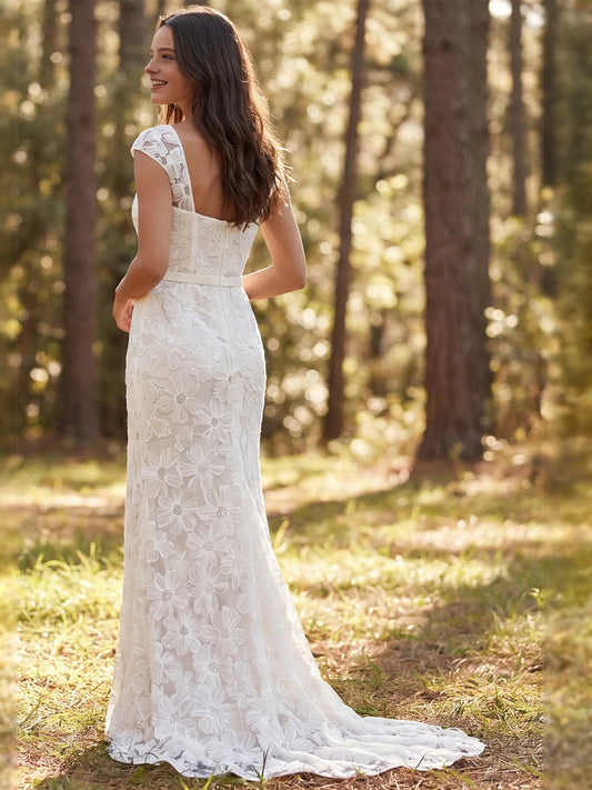Ivory floral lace mermaid wedding dress with sheer back, cap sleeves, thigh slit