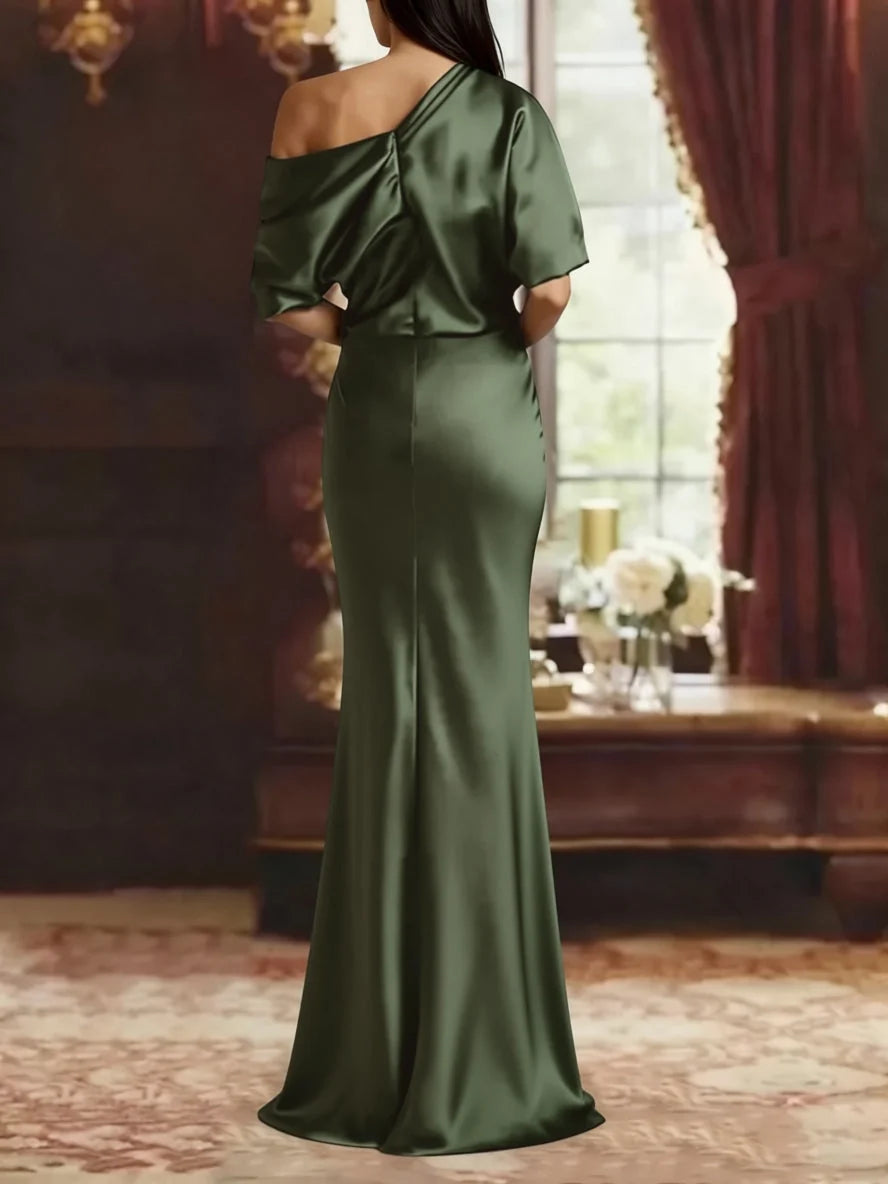Clover green one-shoulder draped satin mermaid gown, back view with gathered drape