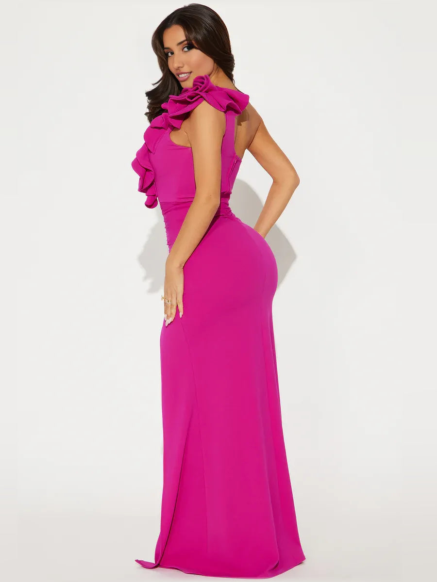 Magenta one-shoulder formal dress with floral ruffle shoulder and side ruching, floor-length