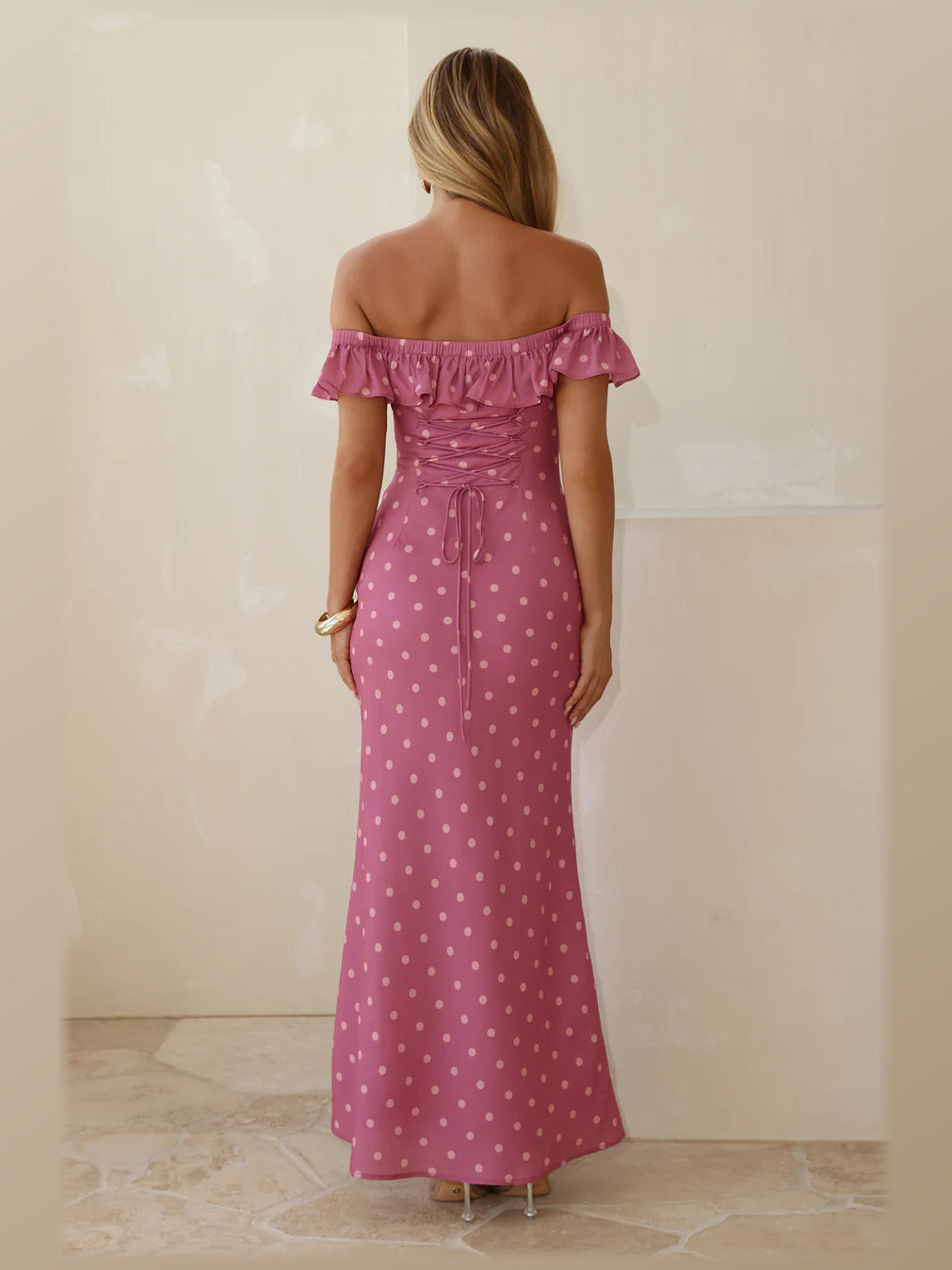 Magenta maxi formal dress, back full-length view showing the bodice