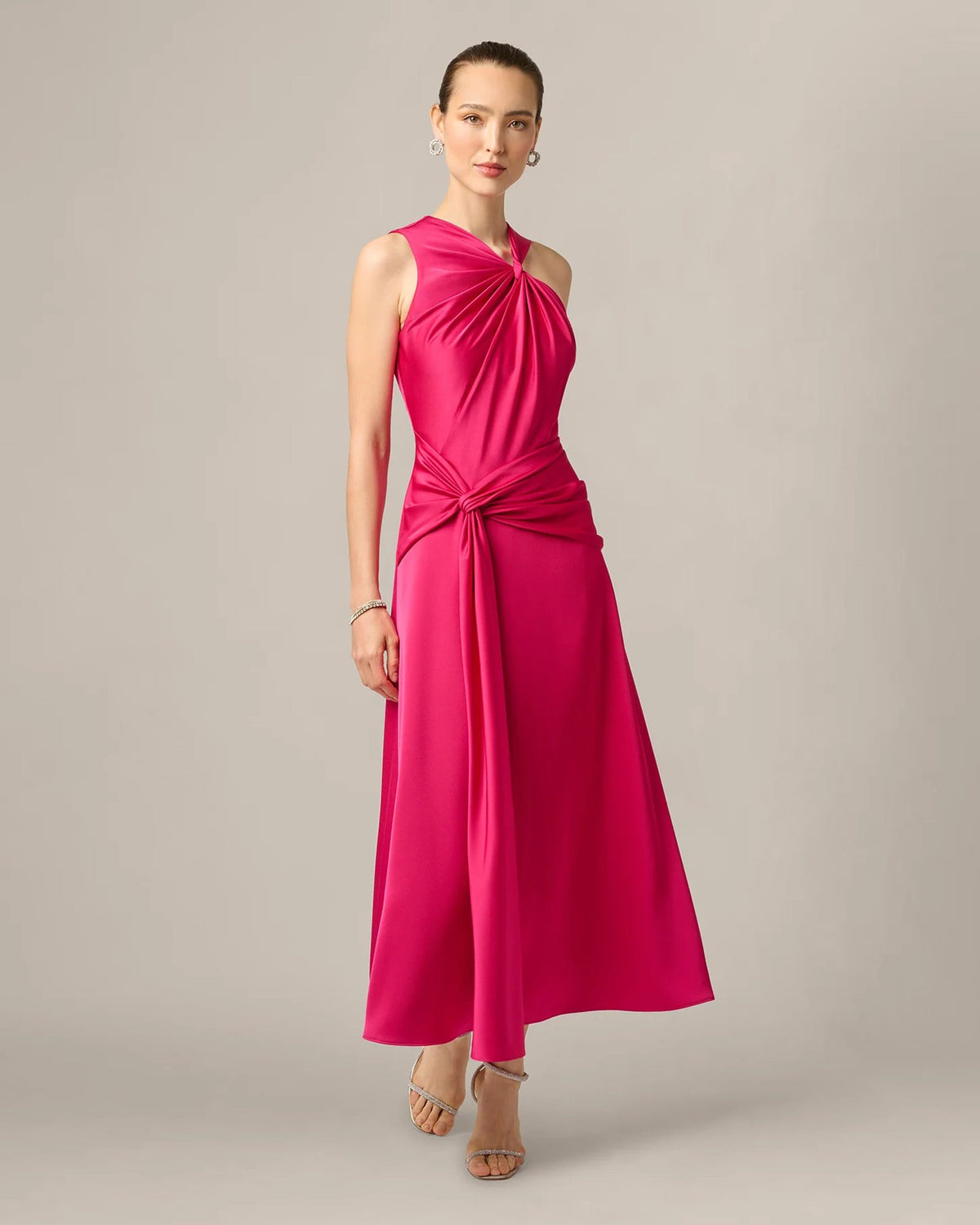 Bright rose sleeveless halter maxi dress with draped bodice and gathered waist