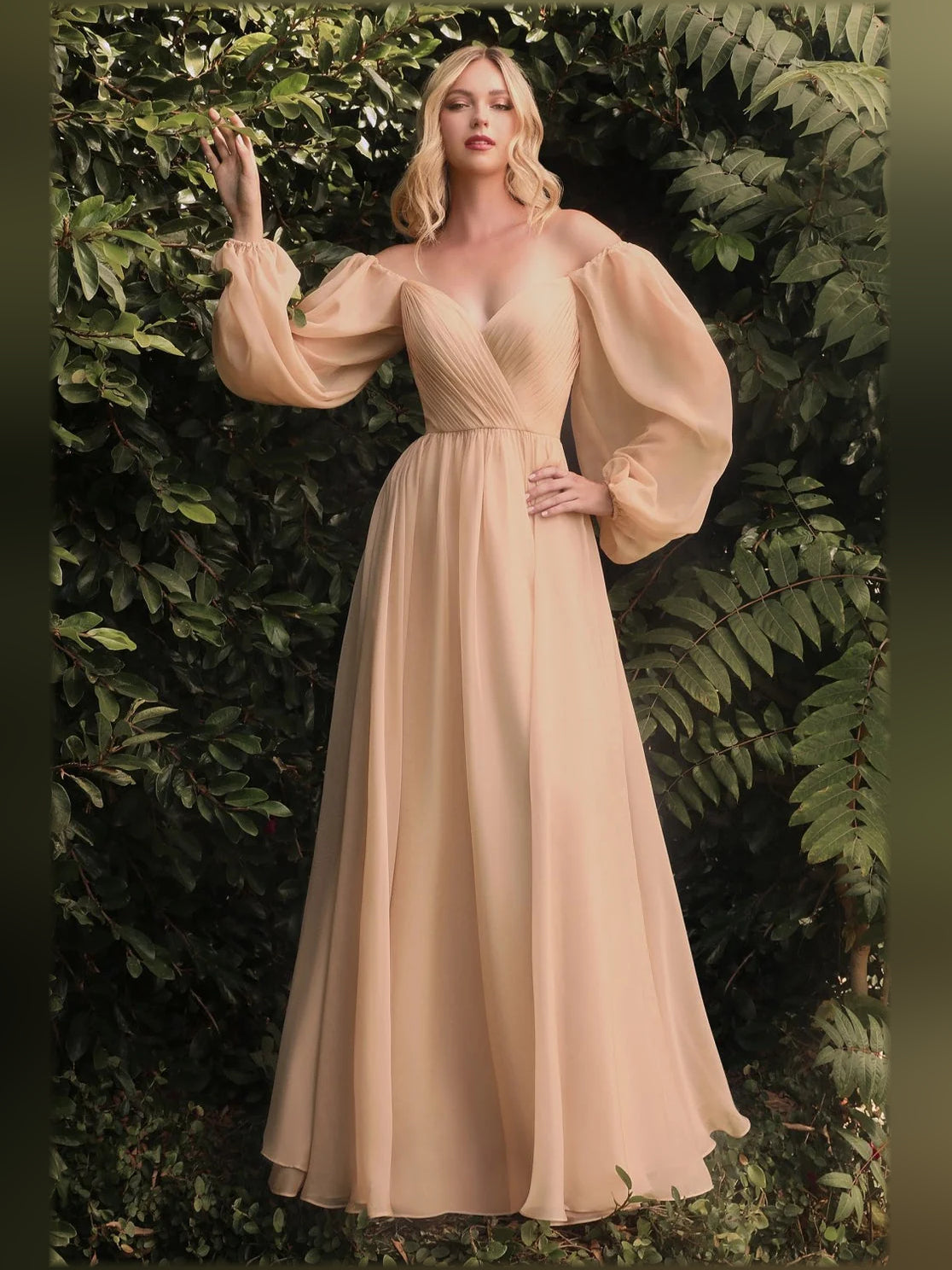 Champagne V-neck formal dress with billowy puff sleeves and pleated floor-length skirt
