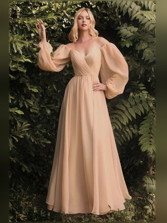 Champagne V-neck formal dress with billowy puff sleeves and pleated floor-length skirt