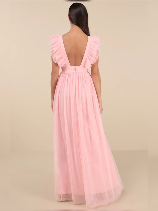 Pink maxi dress, open back with V-shape, ruffled cap sleeves and flowing A-line skirt