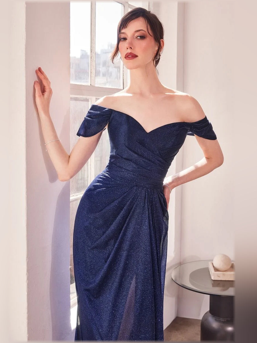 Navy off-shoulder fitted gown with short sleeves and gathered waist ruching, floor length.