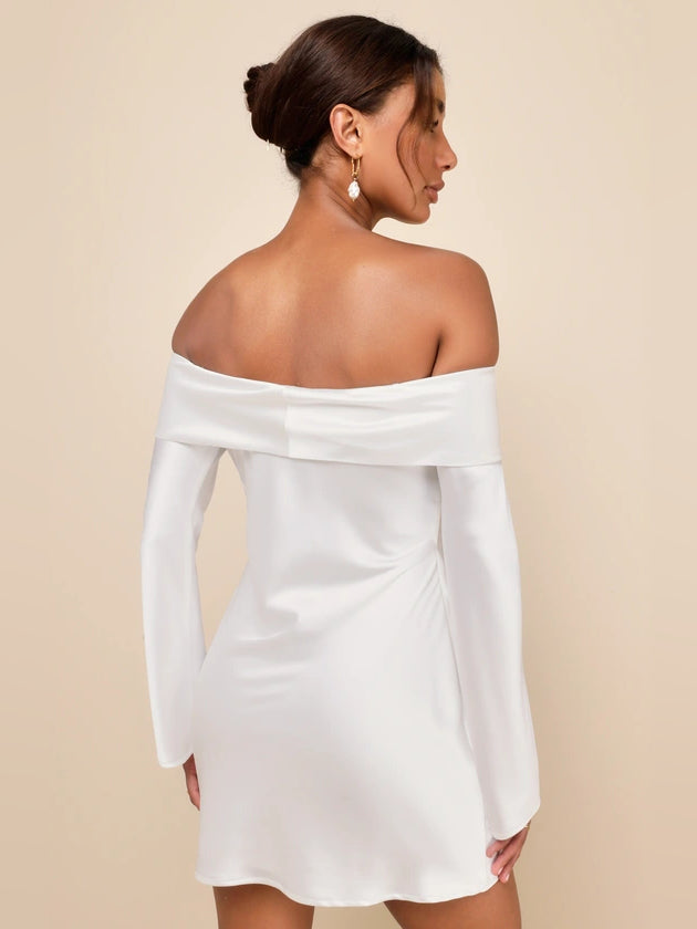 White satin mini dress off-shoulder style with long sleeves and draped back neckline