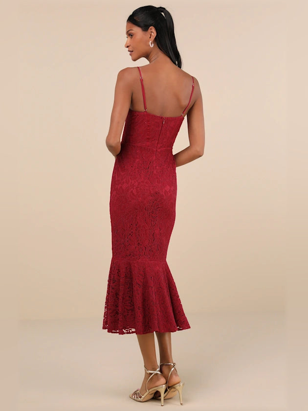 Wine red lace sleeveless midi dress, strappy back and flared mermaid skirt