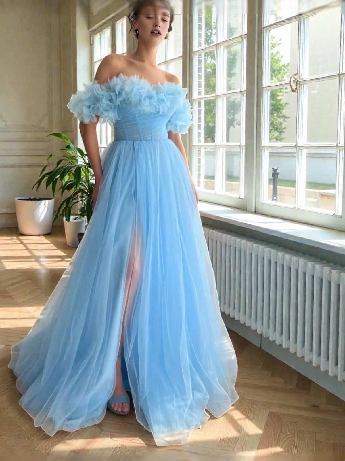 Sky-blue off-shoulder ball gown with feathered ruffle sleeves and side-slit tulle skirt