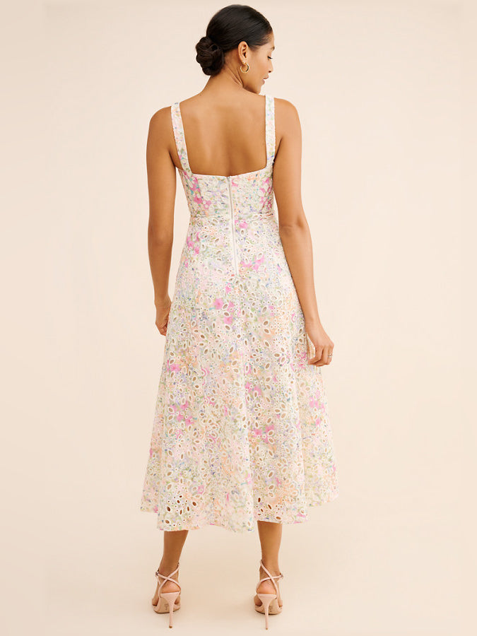 Eyelet corset midi dress back view with thin straps and fitted bodice