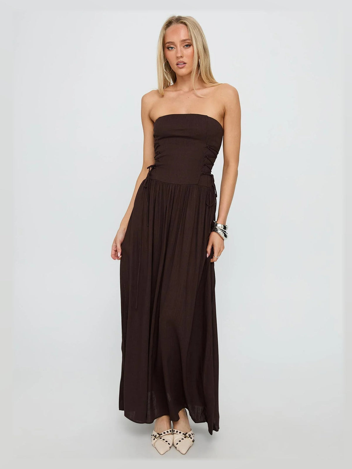 Chocolate formal dress with a-line silhouette