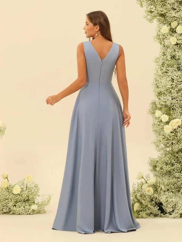 Dusty blue V-neck sleeveless A-line maxi dress with ruched waist and layered skirt
