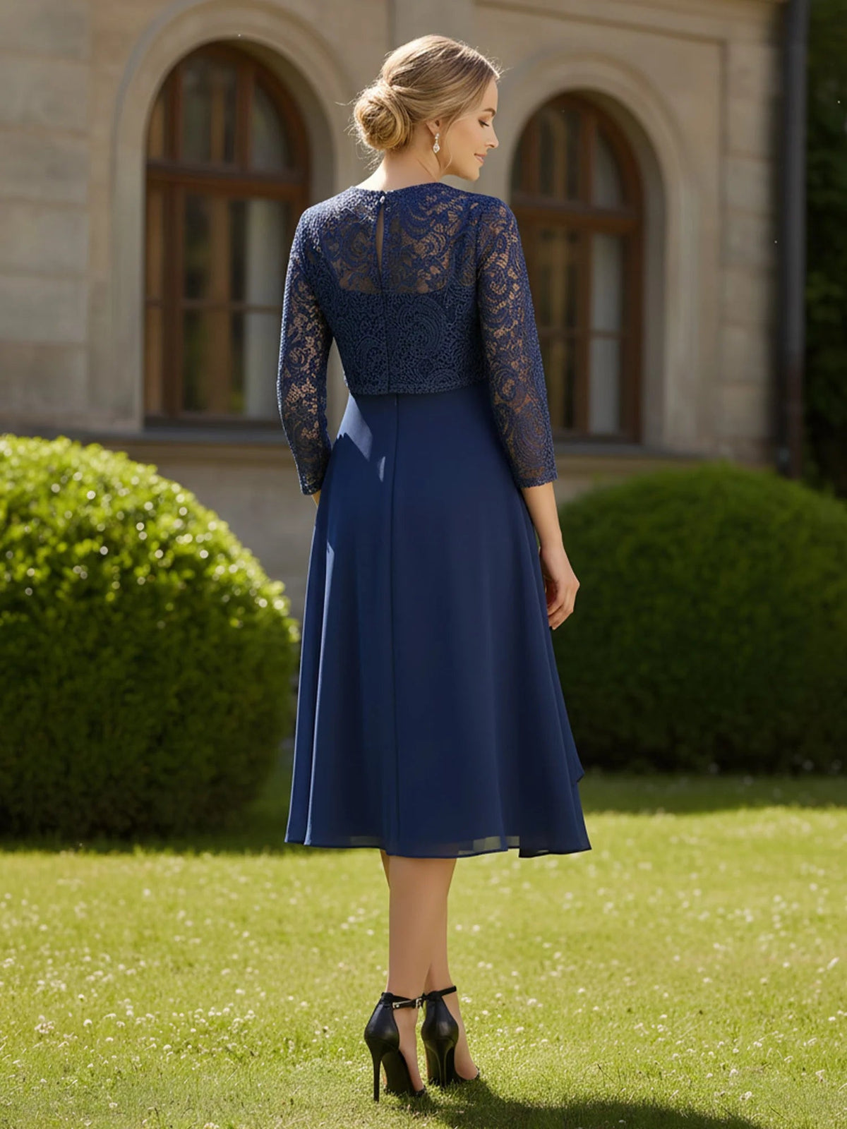 Dark navy V-neck A-line midi dress with lace back yoke and lace 3/4 sleeves