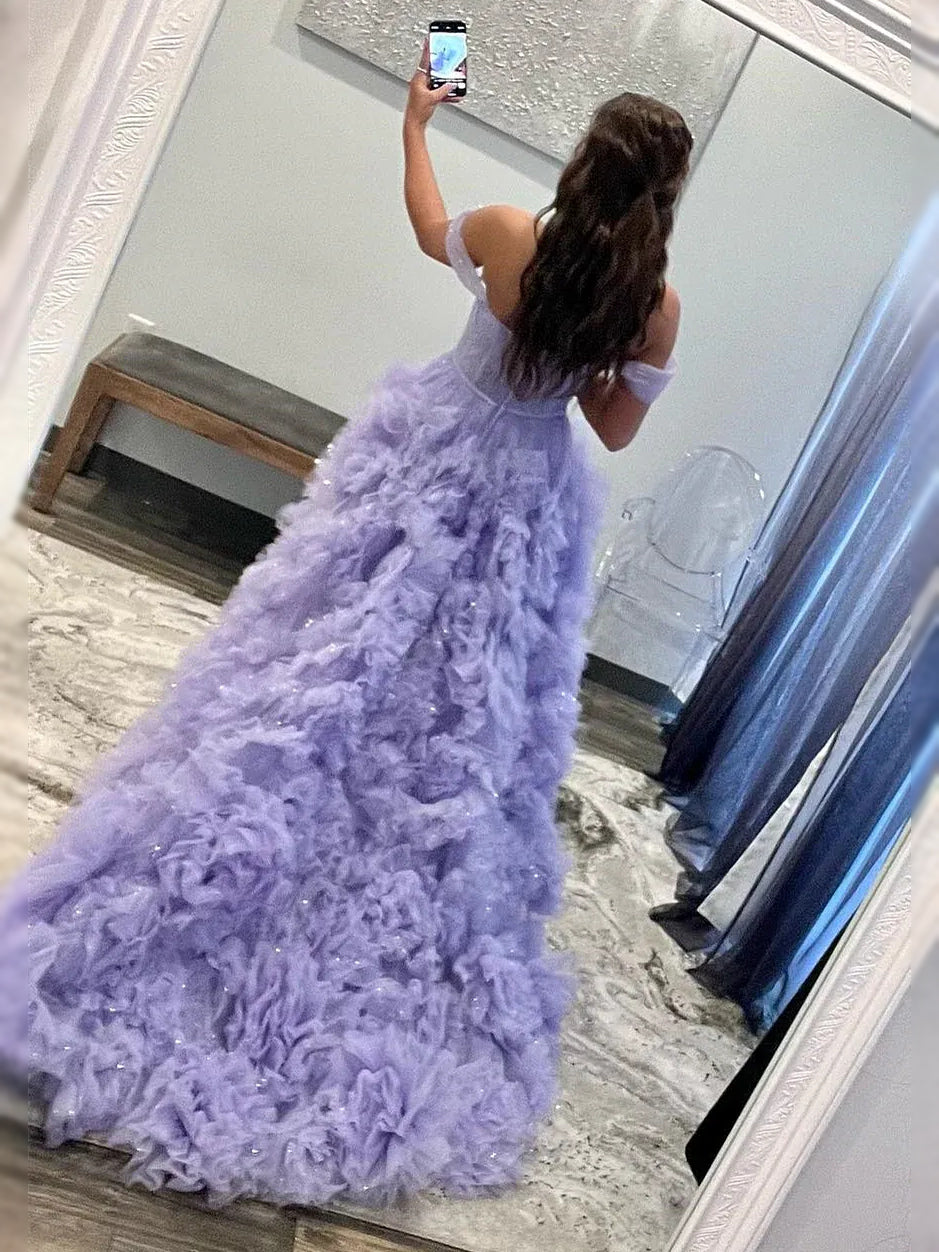 Lavender off-shoulder corset maxi dress with tiered ruffle tulle skirt, side view