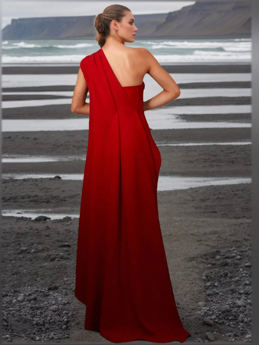 One-shoulder red formal dress with diagonal drape and A-line floor-length silhouette