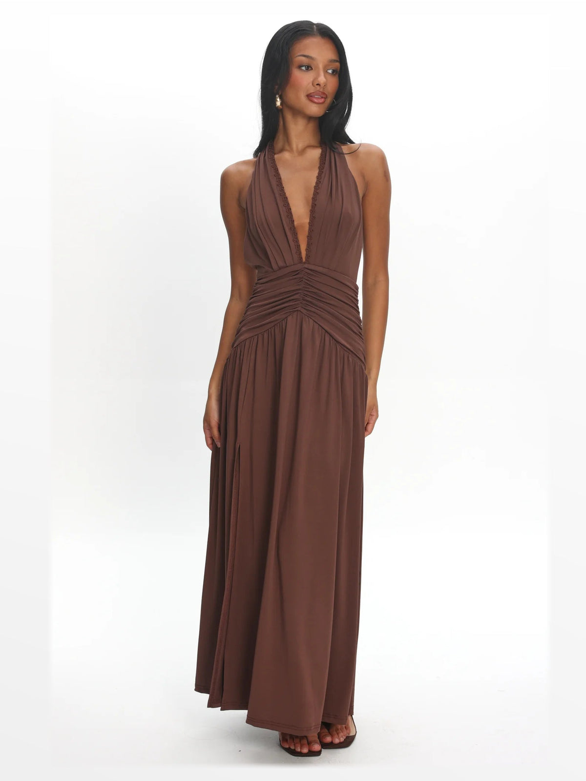 Chocolate formal dress with halter neck neckline