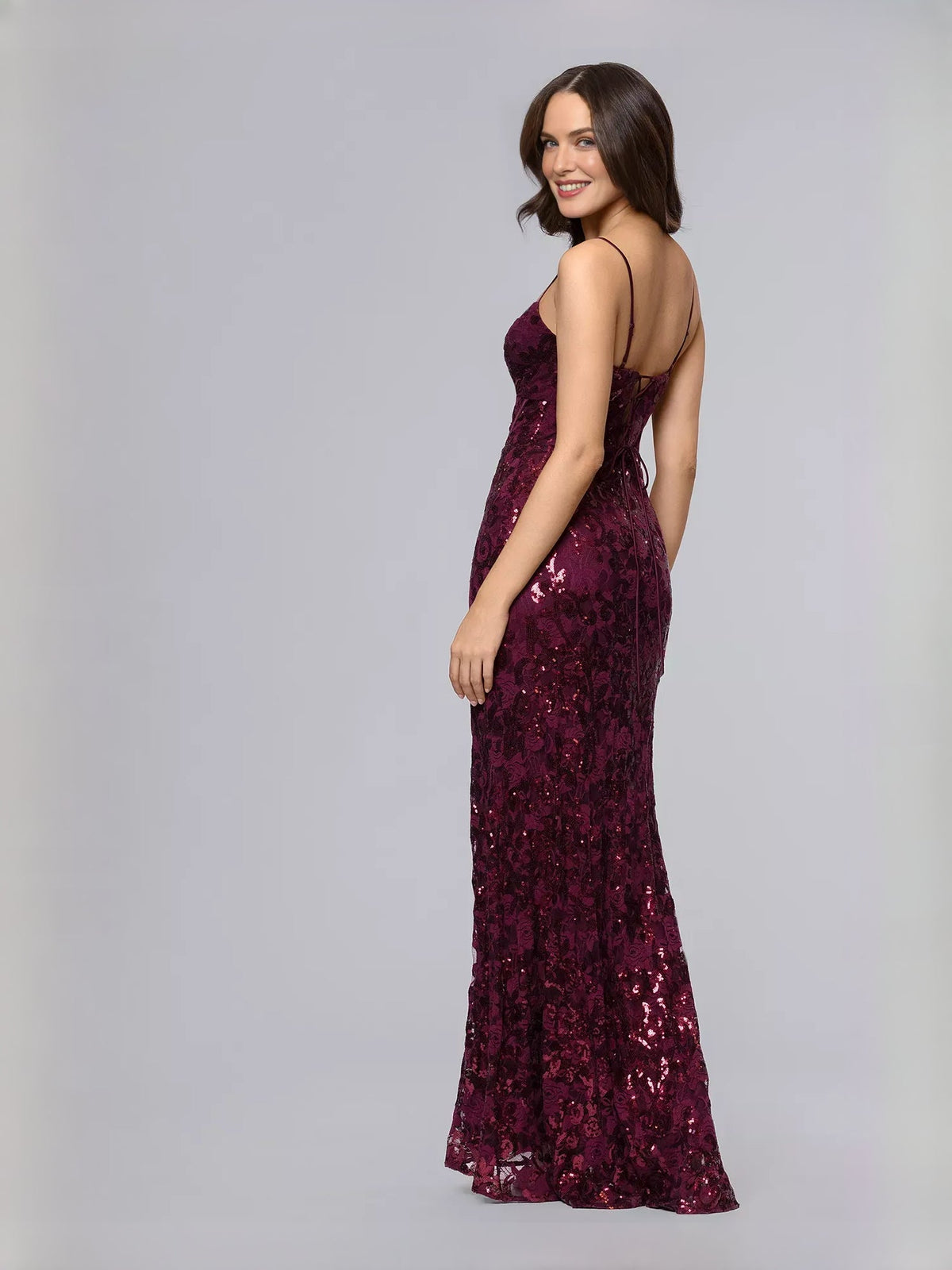 Wine sequin formal dress with spaghetti straps and open back, mermaid silhouette