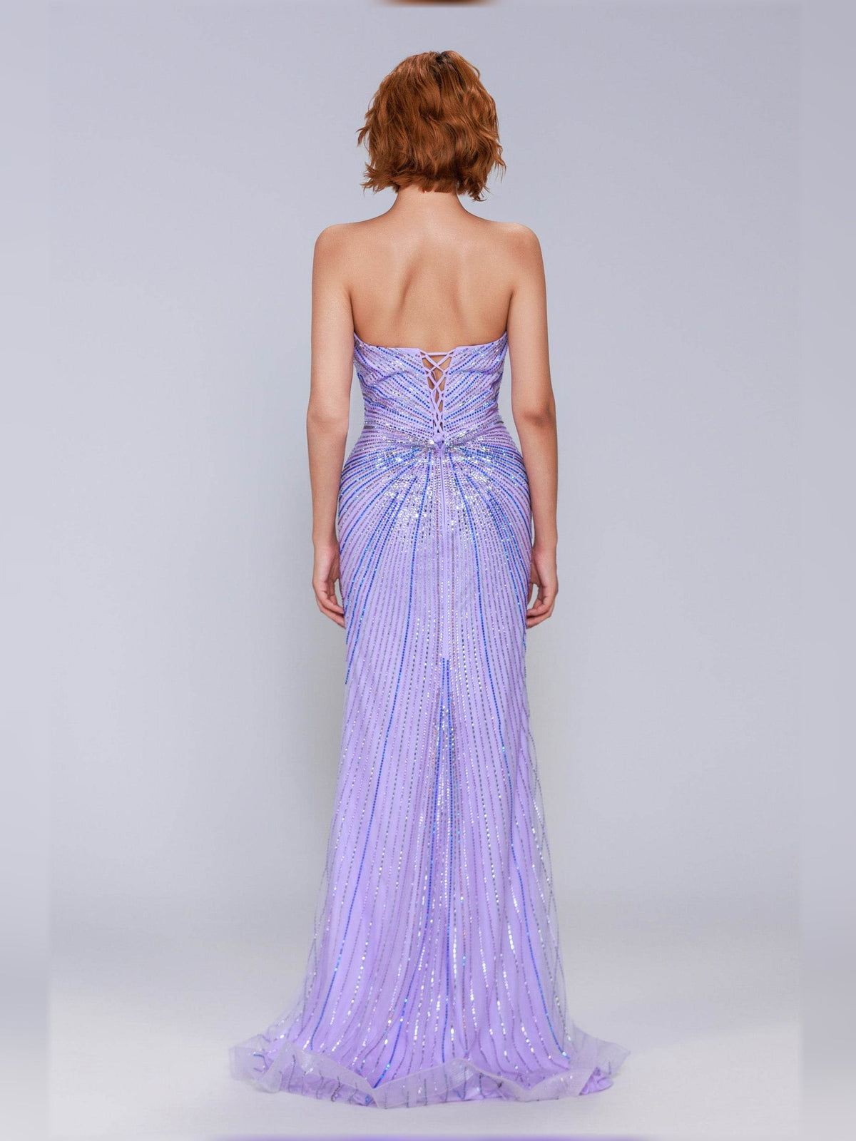 Lilac strapless formal gown, open back with ruched sequin bodice