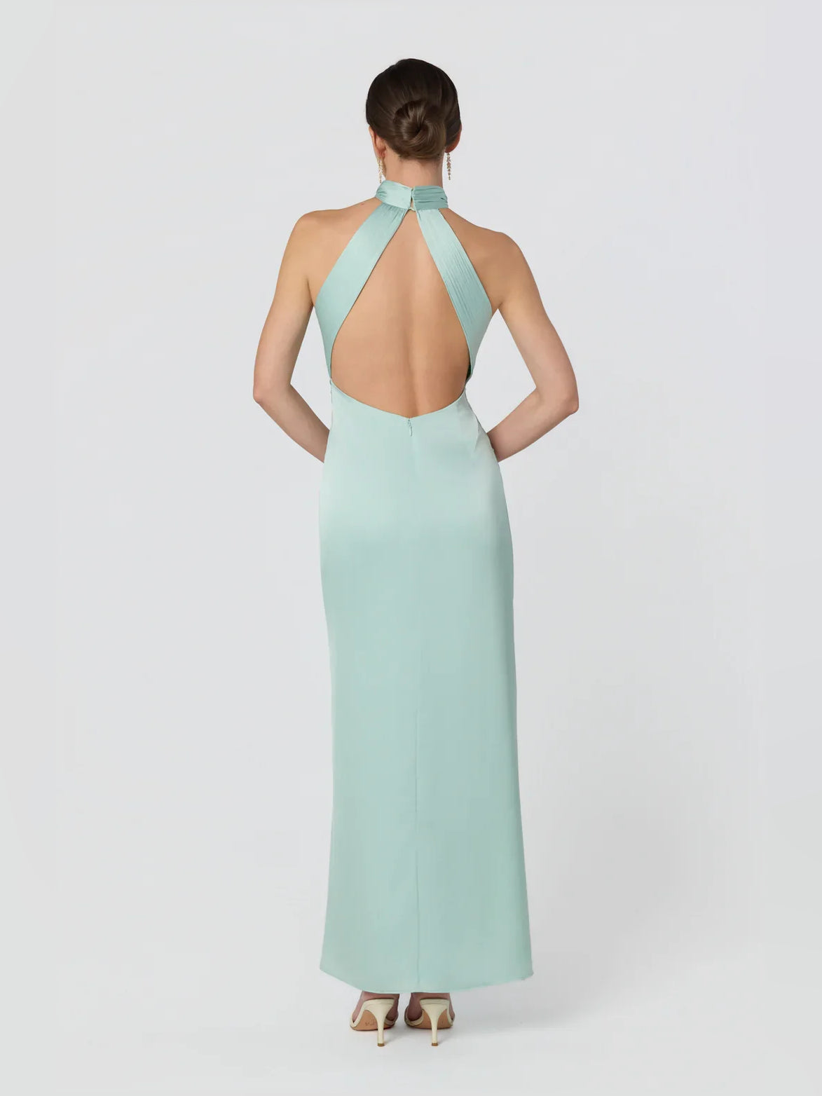 Dusty sage sleeveless halter dress with open back cutout and long slit