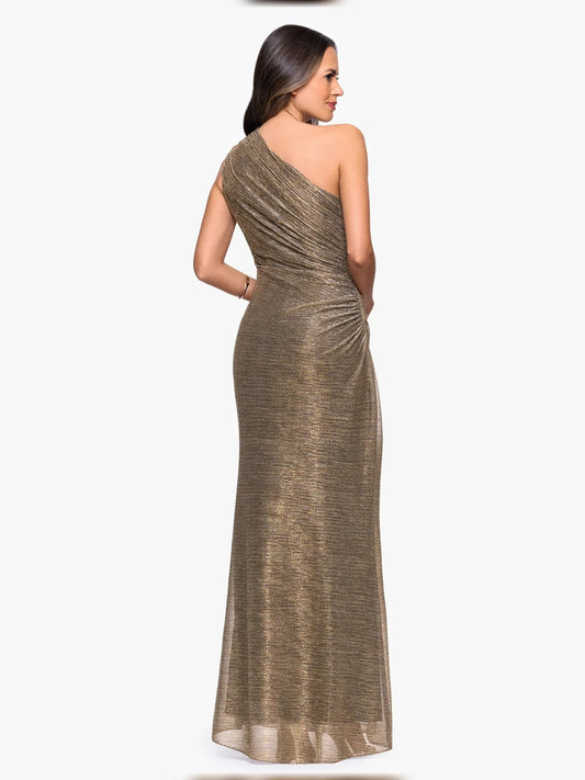 Gold one-shoulder ruched draped maxi sheath dress, back view with drape