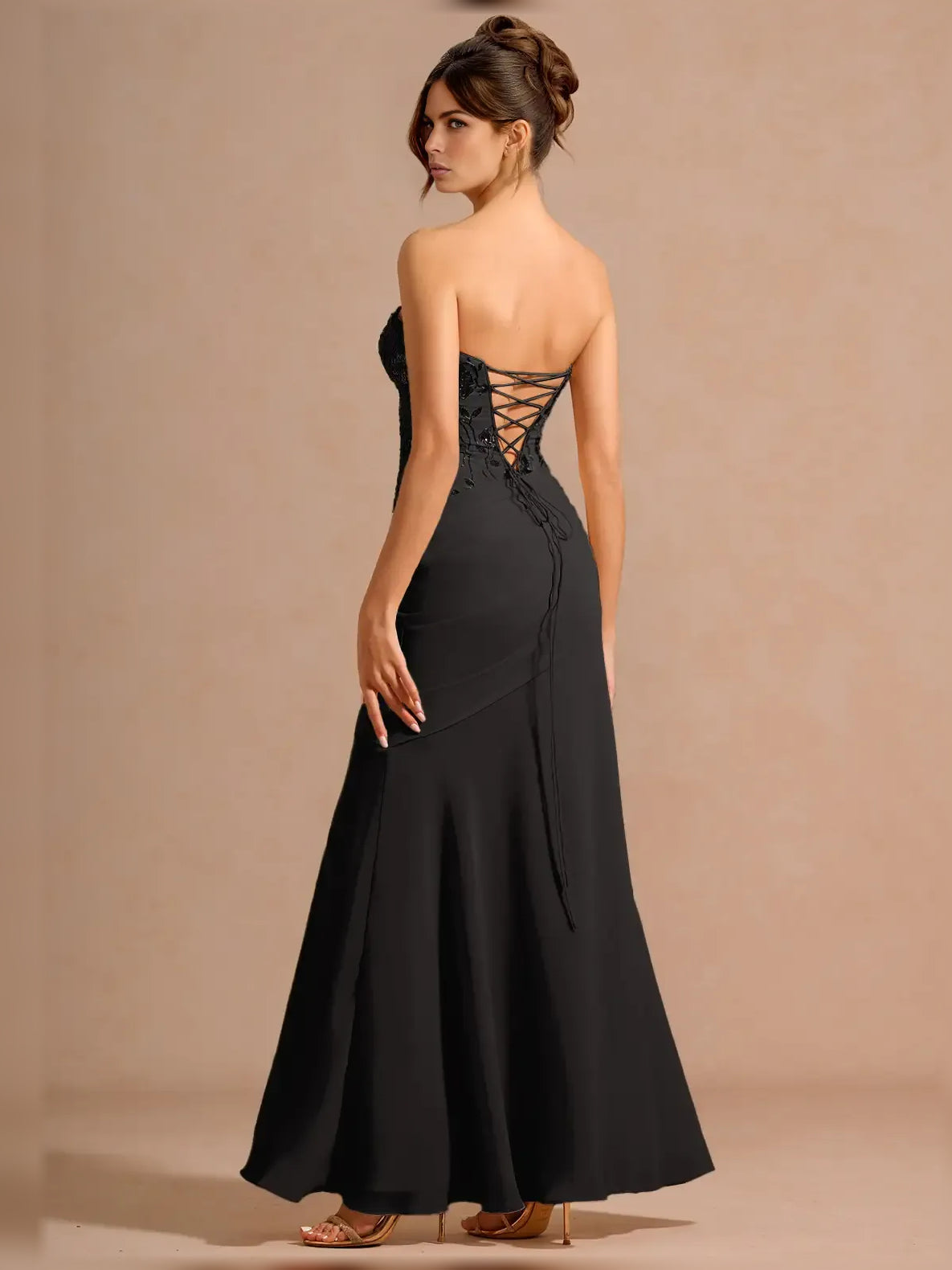 Cowl neck midi formal dress with ruching and slit, black back lace-up detail