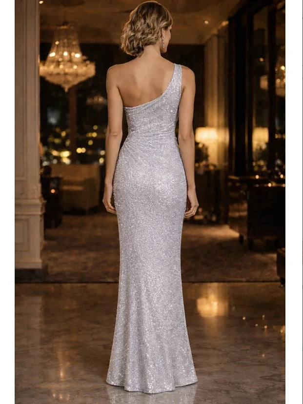 Silver one-shoulder metallic mermaid dress with open back and fishtail hem