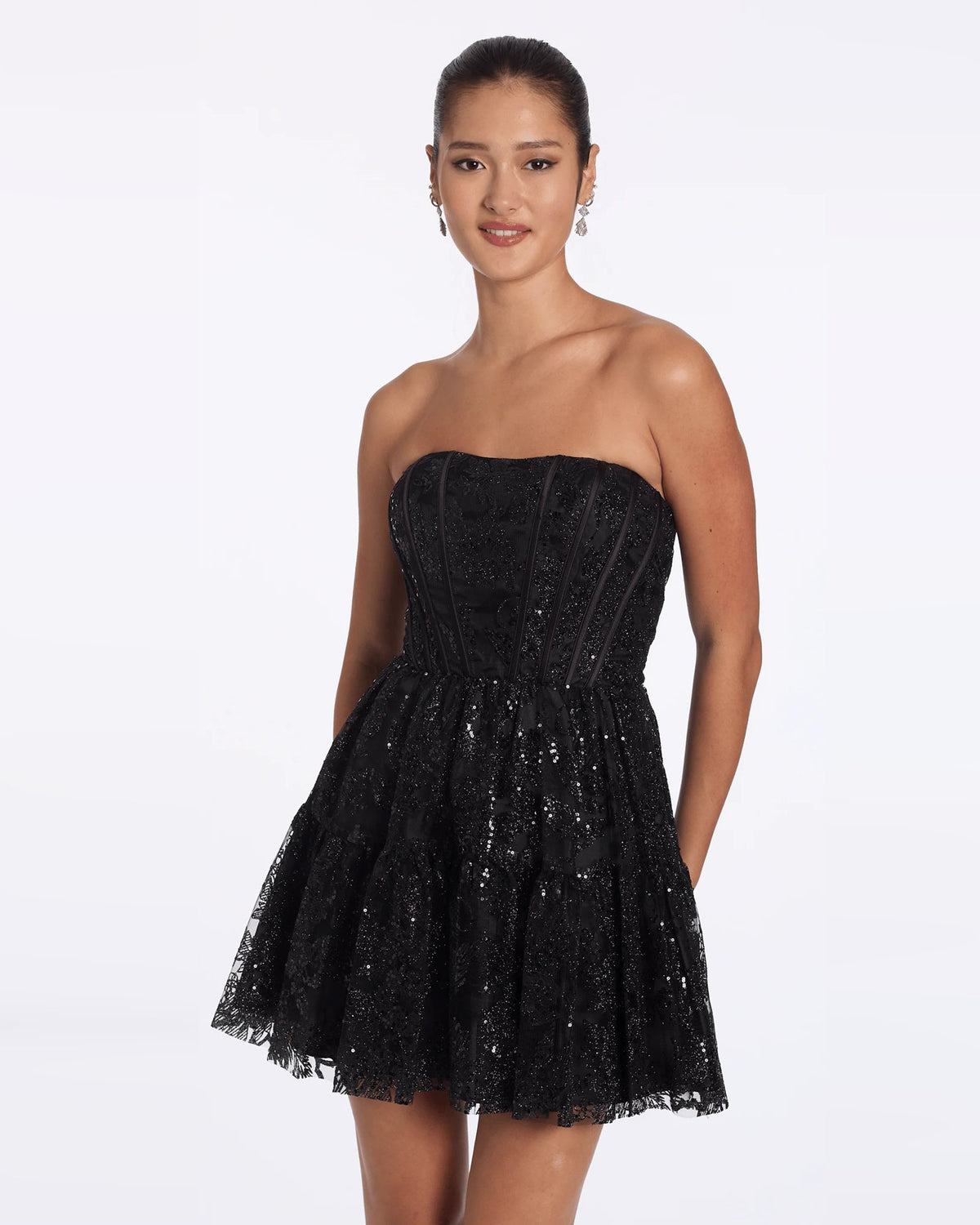 Black strapless embellished mini dress with fitted corset bodice and flared skirt